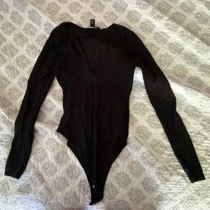 Black Ribbed V Neck Bodysuit
